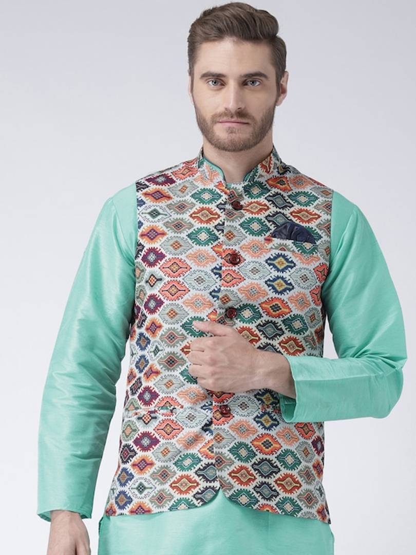 Men's Multicoloured 
Cotton Blend
 Printed Nehru Jackets